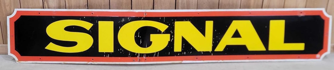 Signal Porcelain Strip Sign (TAC): rated 7.5, 14"x84", the SSP die-cut sign has good color and gloss, has small chips in the field and large chips at some of the mounting holes. It has a bow to it. Rarity 6. TAC #063343