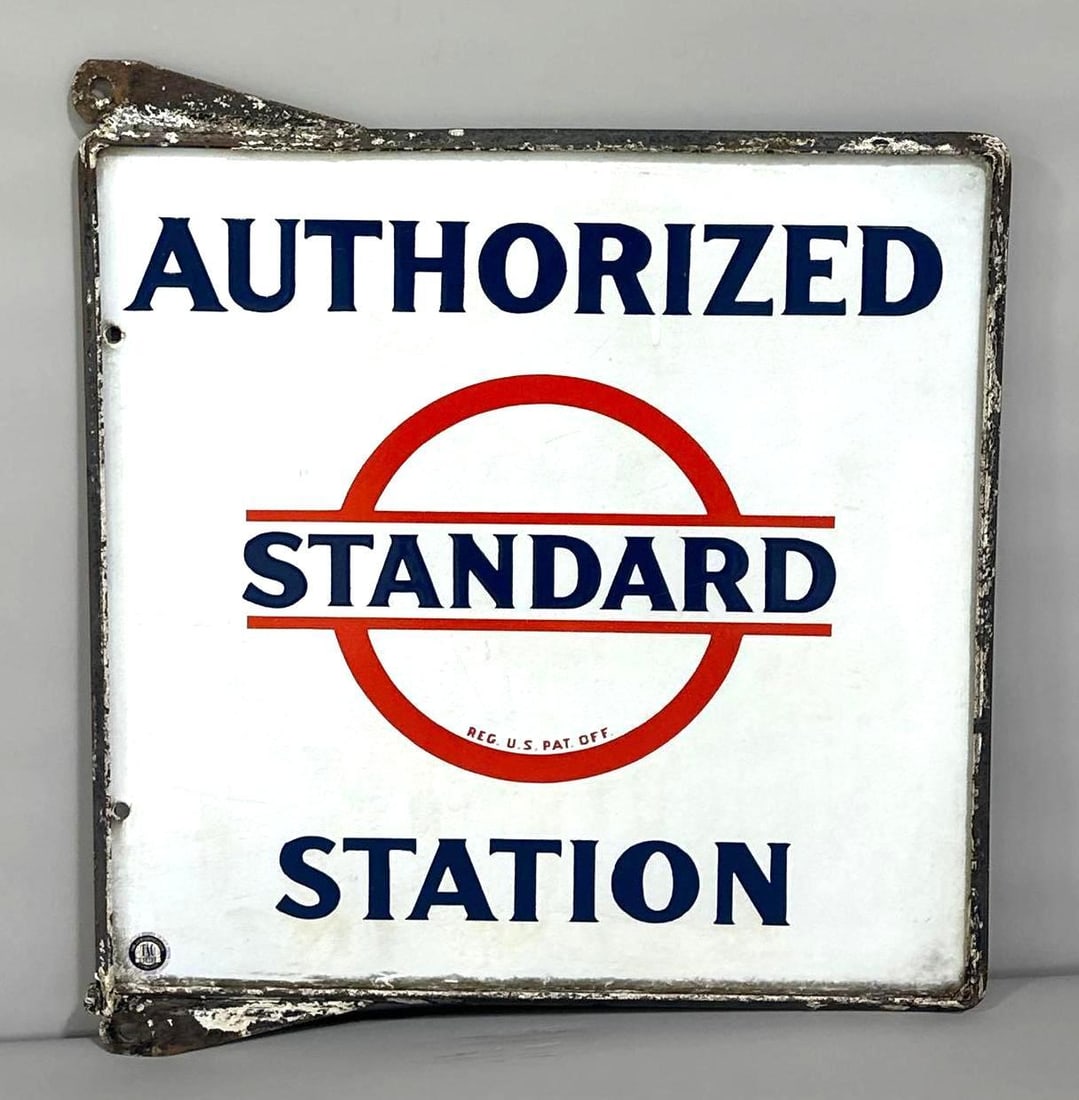Standard Authorized Station Porcelain Sign Bracket (TAC): rated 8.5, 18"x18", the DSP sign has good color and some gloss. Sign also shows light rust staining. #058169