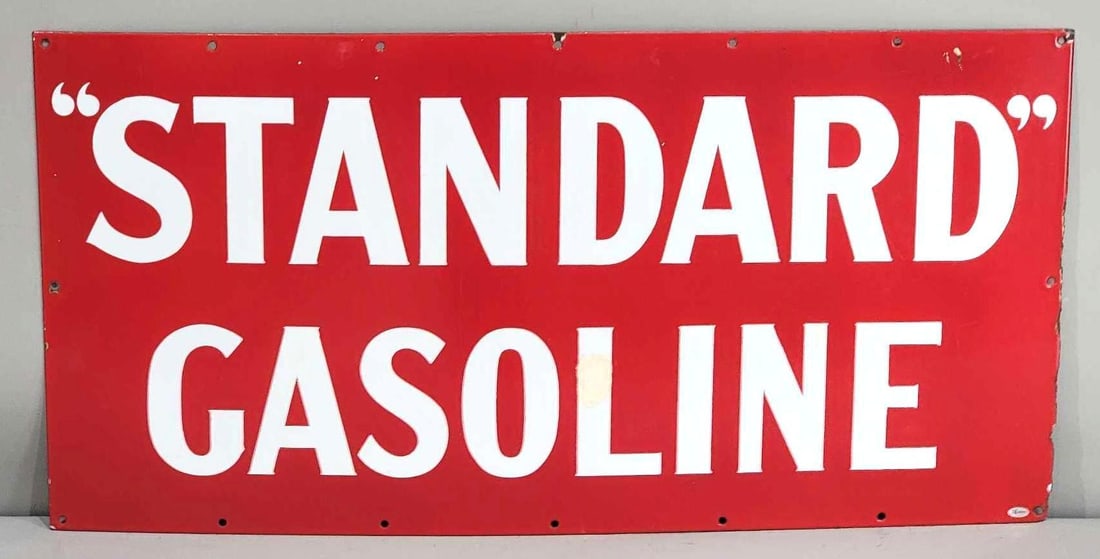 "Standard" Gasoline Porcelain Sign (TAC): rated 8.5, 18"x36", the SSP sign has very good color and gloss, has light marks and silver dollar size touched up chip in the "L". Rarity 5. TAC #032470