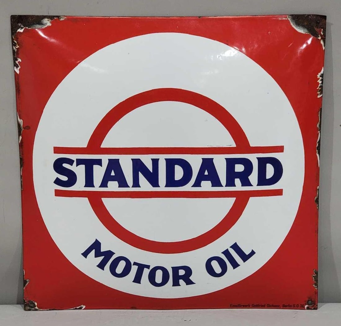 Standard Motor Oil Bar & Circle Logo Porcelain Sign (TAC): rated 8.9, 21.5"x21.5", the SSP pillow sign, has good color and gloss, field is clear, has chips around the perimeter, marked Emailliwark Gottried. Rarity 3. TAC #063329