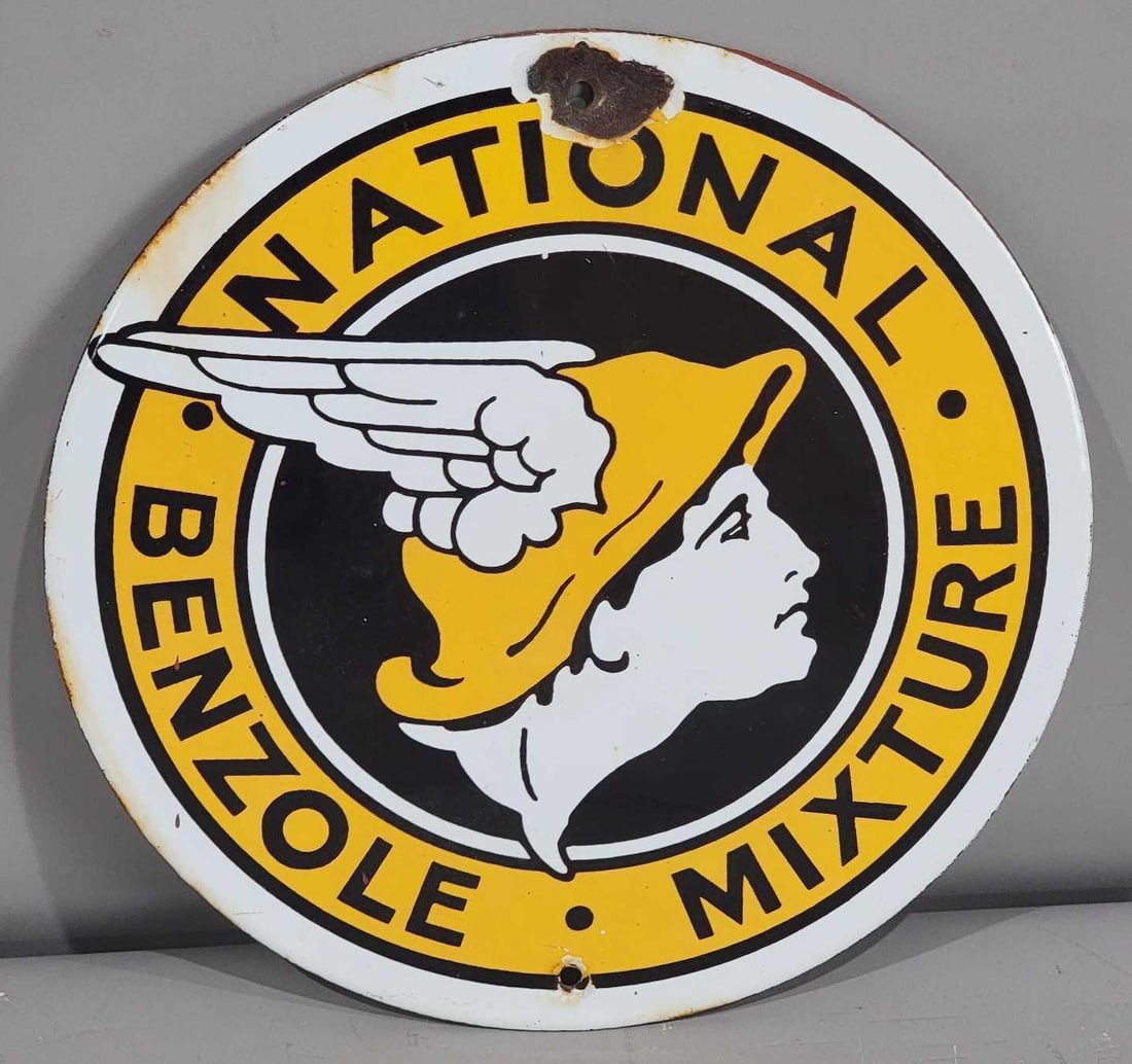 National Benzole Mixture w/Logo Porcelain Sign (TAC): rated 9, 8"D., the SSP sign has very good color and gloss, field is clean, has large chip at top mounting hole. Rarity 4. TAC #063259