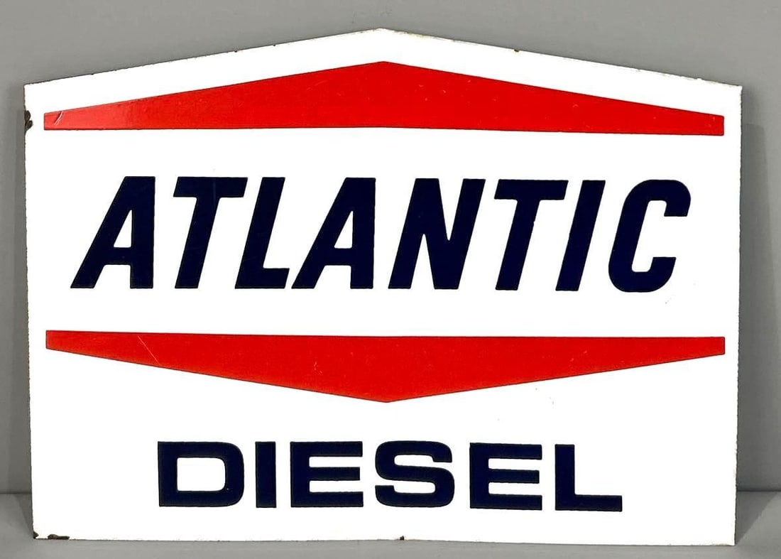 Atlantic Diesel Die-Cut Porcelain Sign: (Rated 9) 9.75" x 13". This SSP sign shows minor surface stains and scratching throughout the field. Outer edge shows porcelain loss and staining. Rarity 3. TAC # 062126 