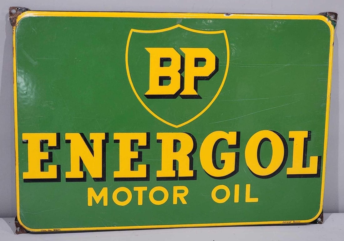 BP Energol Motor Oil w/Logo Porcelain Sign (TAC): rated 8.9, 13"x19", the SSP rolled edge sign has very good color and gloss, has light wear and marks in the field, marked Langcat Bussum. TAC #063244