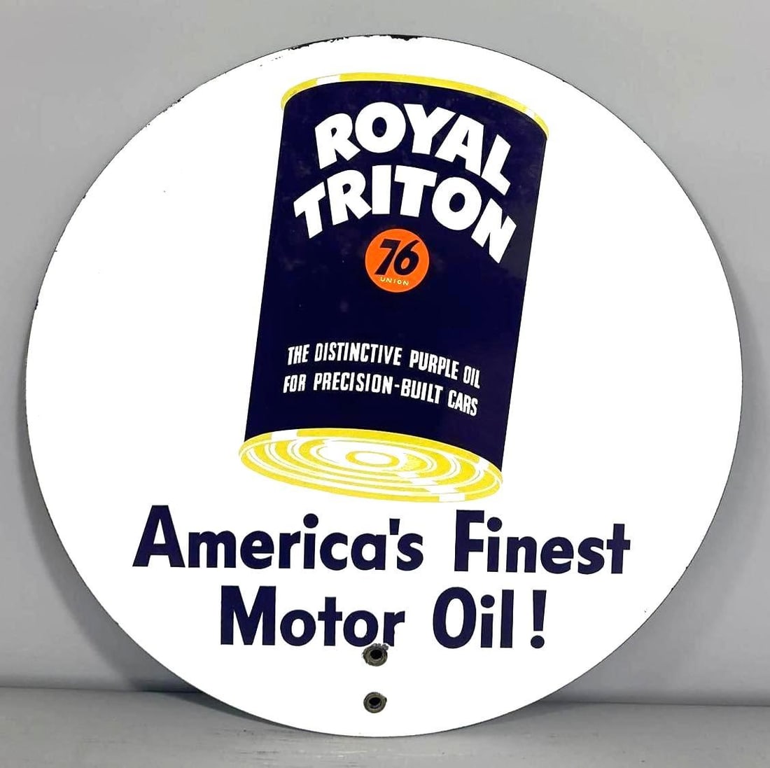 Royal Triton The Finest Motor Oil Porcelain Sign (TAC): rated 9, 14"D., The SSP sign has good color and gloss with only light wear. Rarity 1. TAC #061374
