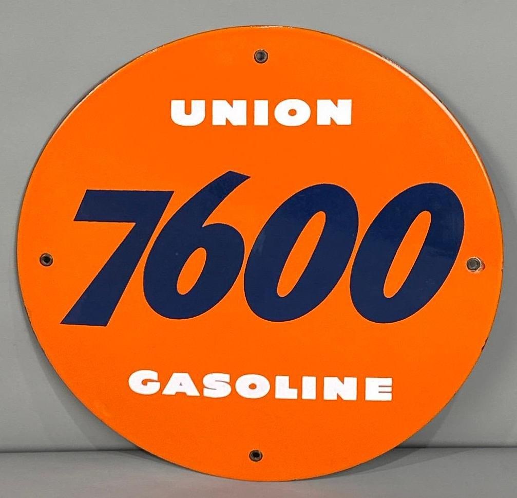 Union 7600 Gasoline Single-Sided Porcelain Pump Plate: (Rated 9.0). 11.5" dia. This SSP has good color and gloss with fade running throughout the "7600". Sign has other minor surface scratches. Rarity 4. TAC # 062151