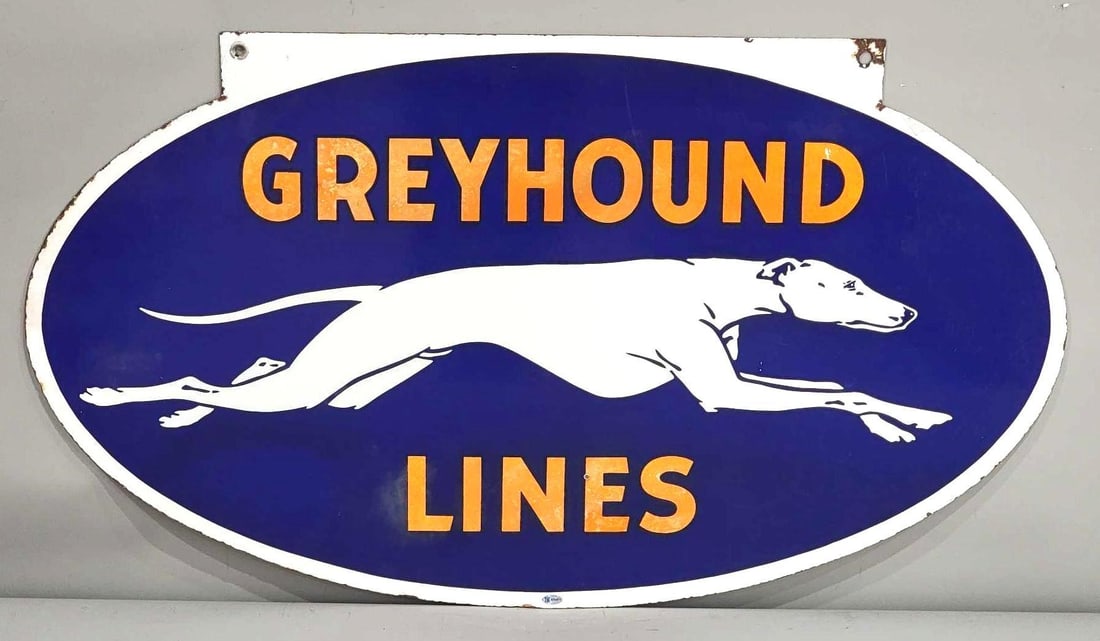 Greyhound Lines w/Logo Porcelain Sign (TAC): rated 8 & 7, 20.5"x36", the DSP die-cut sign display red is faded and has a few small areas of haze, reverse the red is all but gone. Rarity 3. TAC #032471