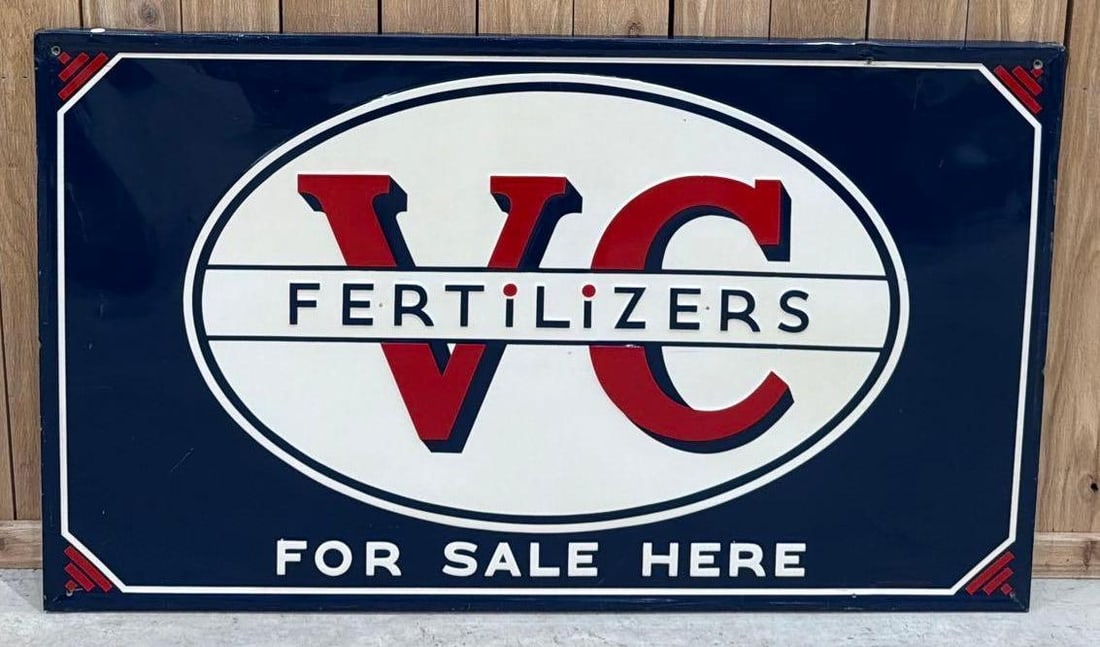 VC Fertilizer "for sale here" Metal Sign (TAC): rated 9, 34"x58", SST embossed wood backed sign has excellent color and shine, has one tiny fine scratches, marked A-M, dated 1950. TAC #063774