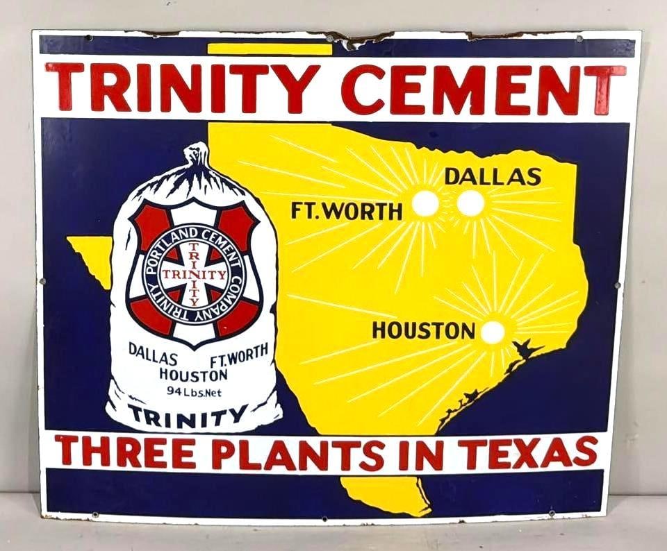 Trinity Cement w/Logo & State of Texas Porcelain Sign (TAC): rated 9, 26"x30", the SSP sign has good color and gloss, has light wear in the field, has chips around the perimeter. Rarity 5. TAC #063848
