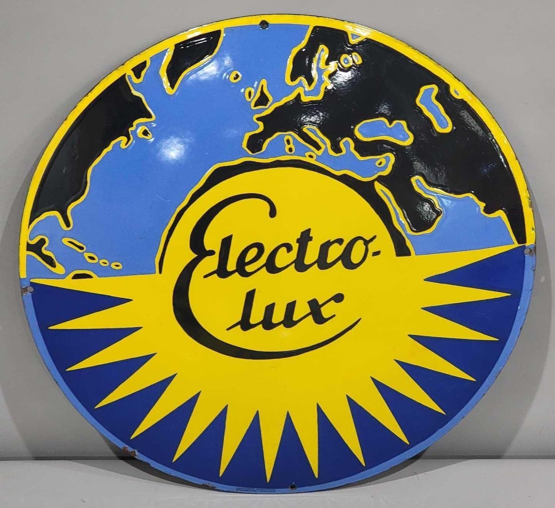 Electro-Lux (vacuum-cleaner) w/Image Porcelain Sign (TAC): rated 9+, 19.5"D., the SSP domed sign has excellent color and gloss, field is clean, has small chips around the perimeter, marked. TAC #063202