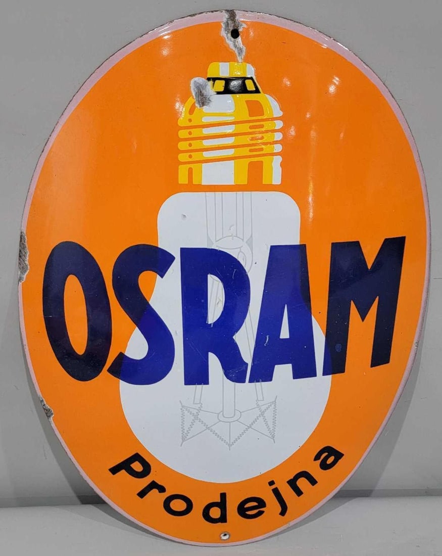 Osram Prodejna w/Light Bulb Image Porcelain Sign (TAC): rated 8.5, 19.75'x15", the SSP curved sign has good color and gloss, has marks in the field, chips at top edge and around the perimeter. TAC #063204