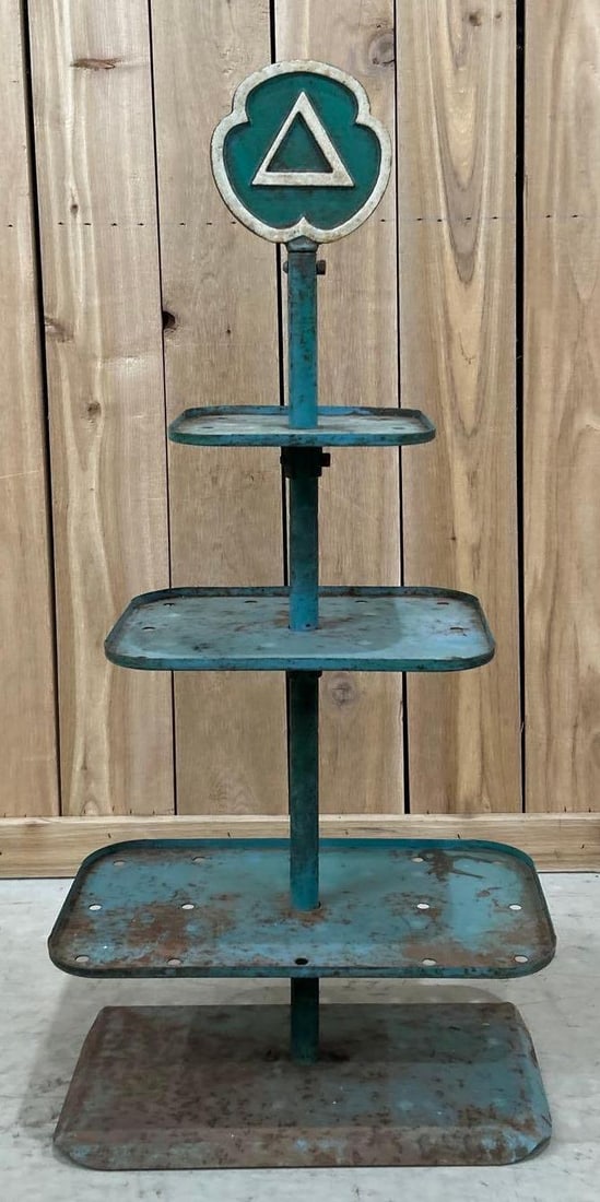 (Cities Service) Logo Cast Iron Topped Metal Oil Can Stand: rated 7, 36"T., has rust and paint loss.