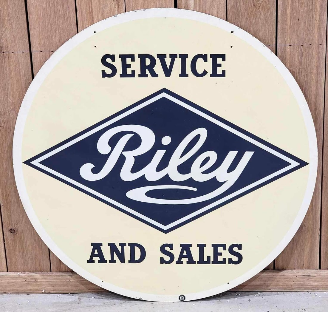 Riley Service and Sales Metal Sign (TAC): rated 9, 36"D., the DST sign has very good color and shine, light wear, marked Franco S.W.I. TAC #063267