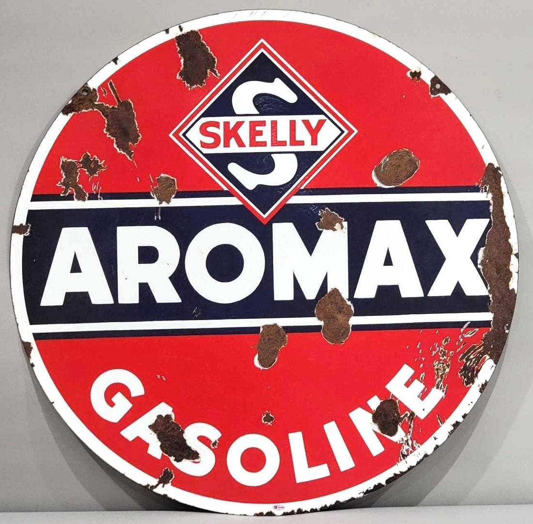 Skelly Aromax Gasoline Porcelain Sign (TAC): rated 7, 30"D., the DSP sign has chips and wear. Rarity 4. TAC #032419
