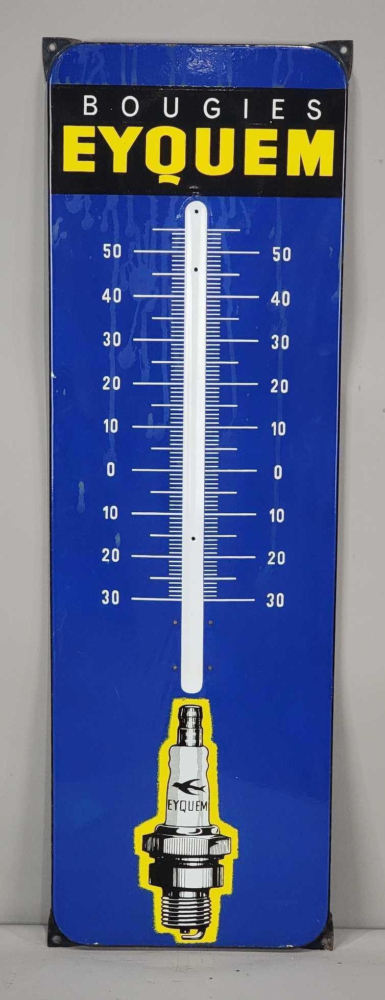 Bougies Eyquem (spark plug) Porcelain Thermometer (TAC): rated 8.5, 38.5"x12", the porcelain rolled edge thermometer has good color and gloss, has minor staining in the upper field, tube is missing. TAC #063872