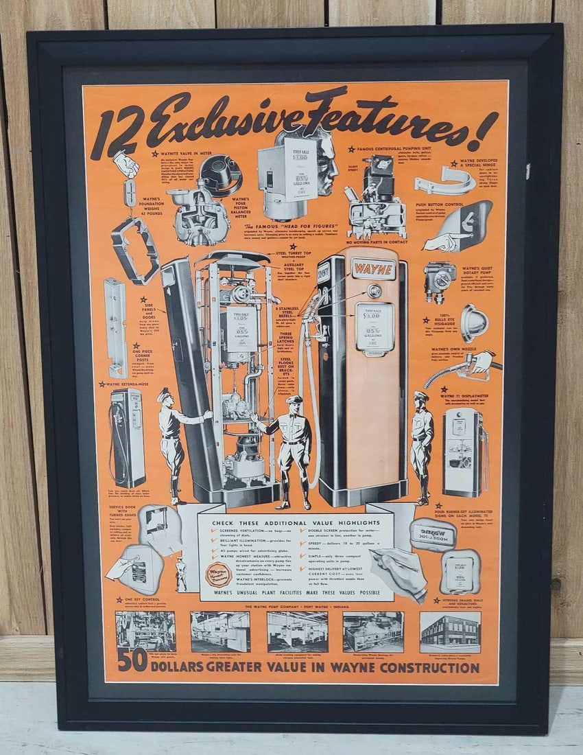Wayne Model #70 Gas Pump Poster Framed: rated 9, 38"x27" framed, the poster has very good color, has not been folder, is framed under plexiglass, we will not disassemble.