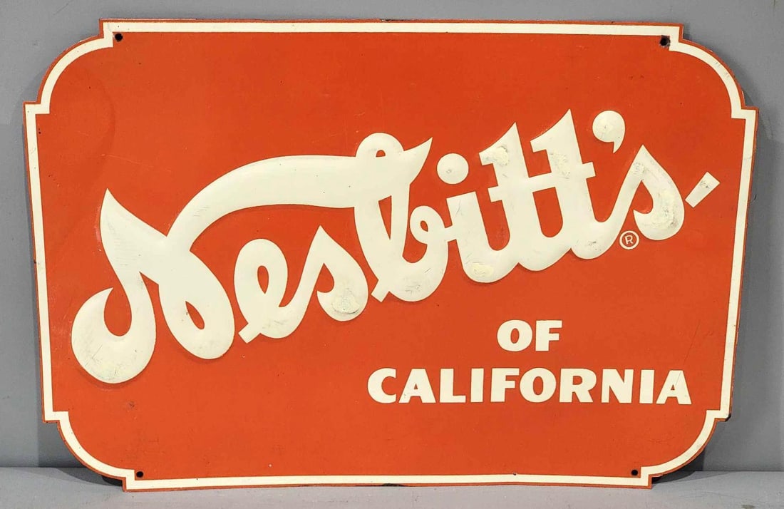 Nesbitt's of California Metal Sign (TAC): rated 8.25, 9.75"x14", the SST embossed sign has good color and shine, has wear and minor ceases. TAC #063878
