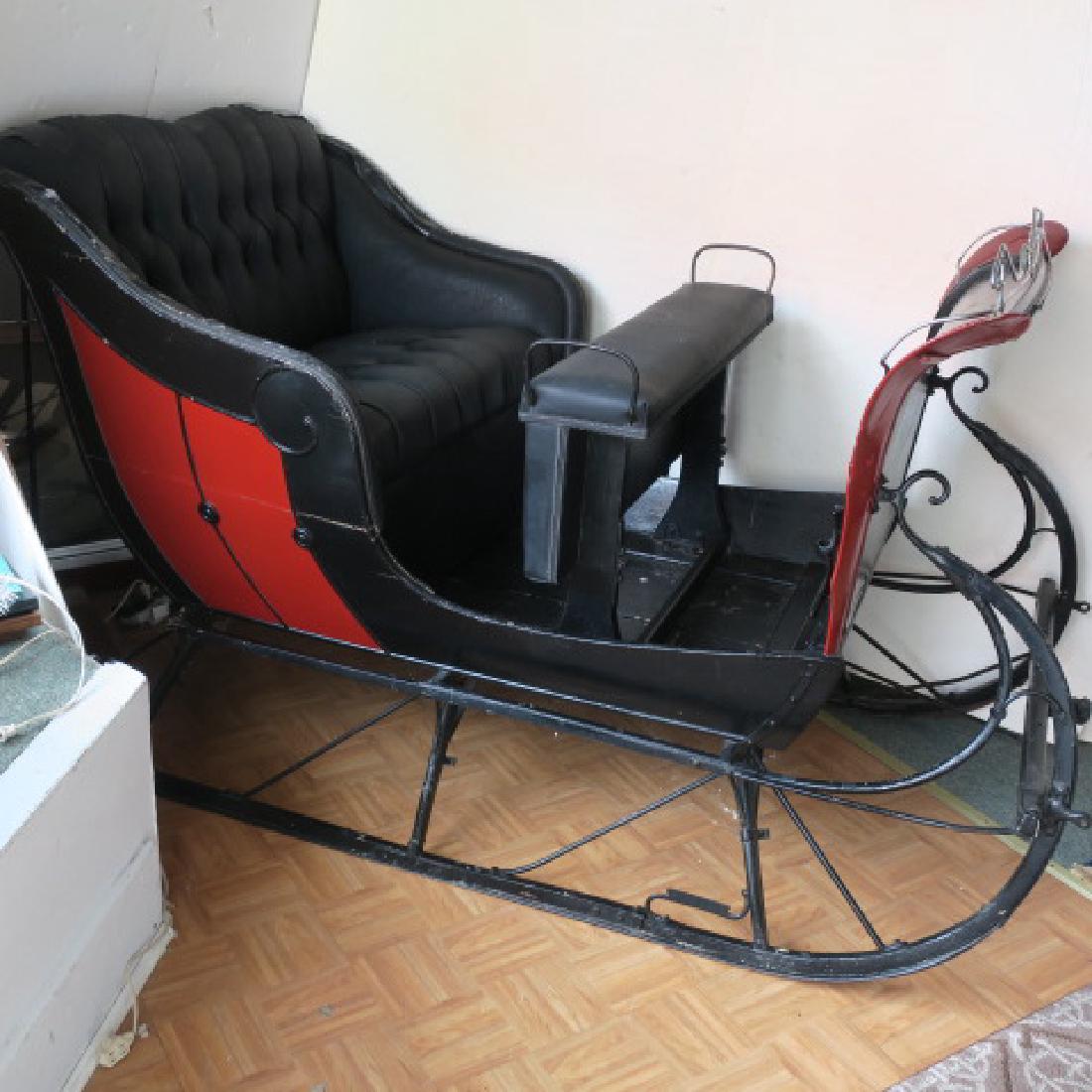 4 Seater Vintage One Horse Open Sleigh:: 4 Seater Vintage One Horse Open Sleigh: Button Tufted Back and Padded Bench. Nice Curved Body Lines with Steel Runners and Detailed Railing. Front Hitch. Own a Piece of History. Age Wear. (750-1000)