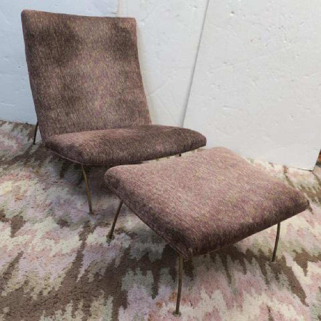 Metal Frame Upholstered Lounge Chair and Ottoman:: Metal Frame Upholstered Lounge Chair and Ottoman: Timeless Look "Napping Chair" with the Bent Edge Curves of the Barcelona Chair. Shaded Mauve Upholstery on Chair and Footstool. 36"L, 33"T at Back. Fo