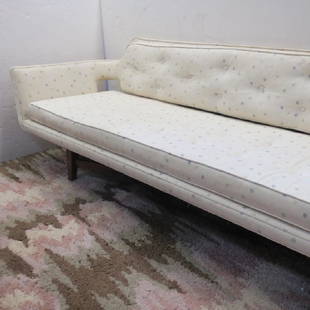 EDWARD WORMLEY, DUNBAR, Modernist Floating Back Sofa:: EDWARD WORMLEY, DUNBAR, Modernist Floating Back Sofa: EDWARD WORMLEY (1907-1995) Mid-Century Modern Floating Back Sofa with Mahogany Frame and X Stretcher. White Upholstery with Colored Highlights. CA