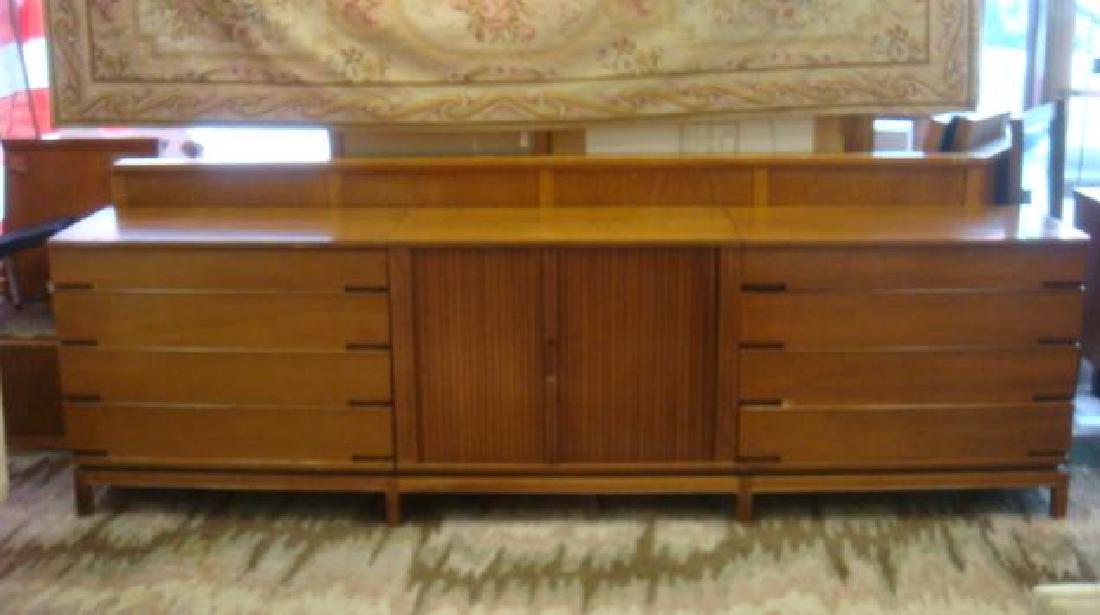 Handsome Three Section Mid Century Chests:: Handsome Three Section Mid Century Chests: Each Piece is 31 1/2"T X 36"W X 31 1/2"T. Two Credenzas Have 4 Drawers. Center Cabinet Has Sliding Tambour Doors and 8 Interior Slide Out Drawers. Use Separa