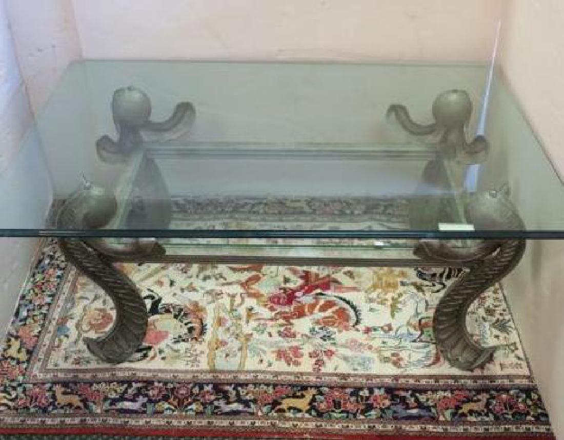 Quality Double Tier Glass Top Pier de Lui Table:: Quality Double Tier Glass Top Pier de Lui Table: Thick Top Clear Glass with Beveled Edges, Mounted on Base having Serpentine Floral & Ball Legs. 21"T. Top Measures 47" X 32", Lower Mid-way Glass Shelf