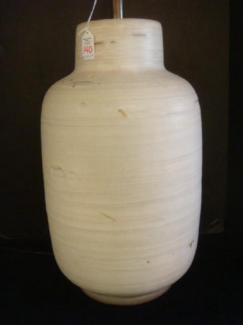 Pottery Vase Ceramic Lamp with Dimples and Shade:: Pottery Vase Ceramic Lamp with Dimples and Shade: 34"T Thrown Pot on Round Foot with Cylindrical Neck. Stylish Earthenware Has Bell Cloth Shade with V Shaped Pleats. 34"T (100-200)