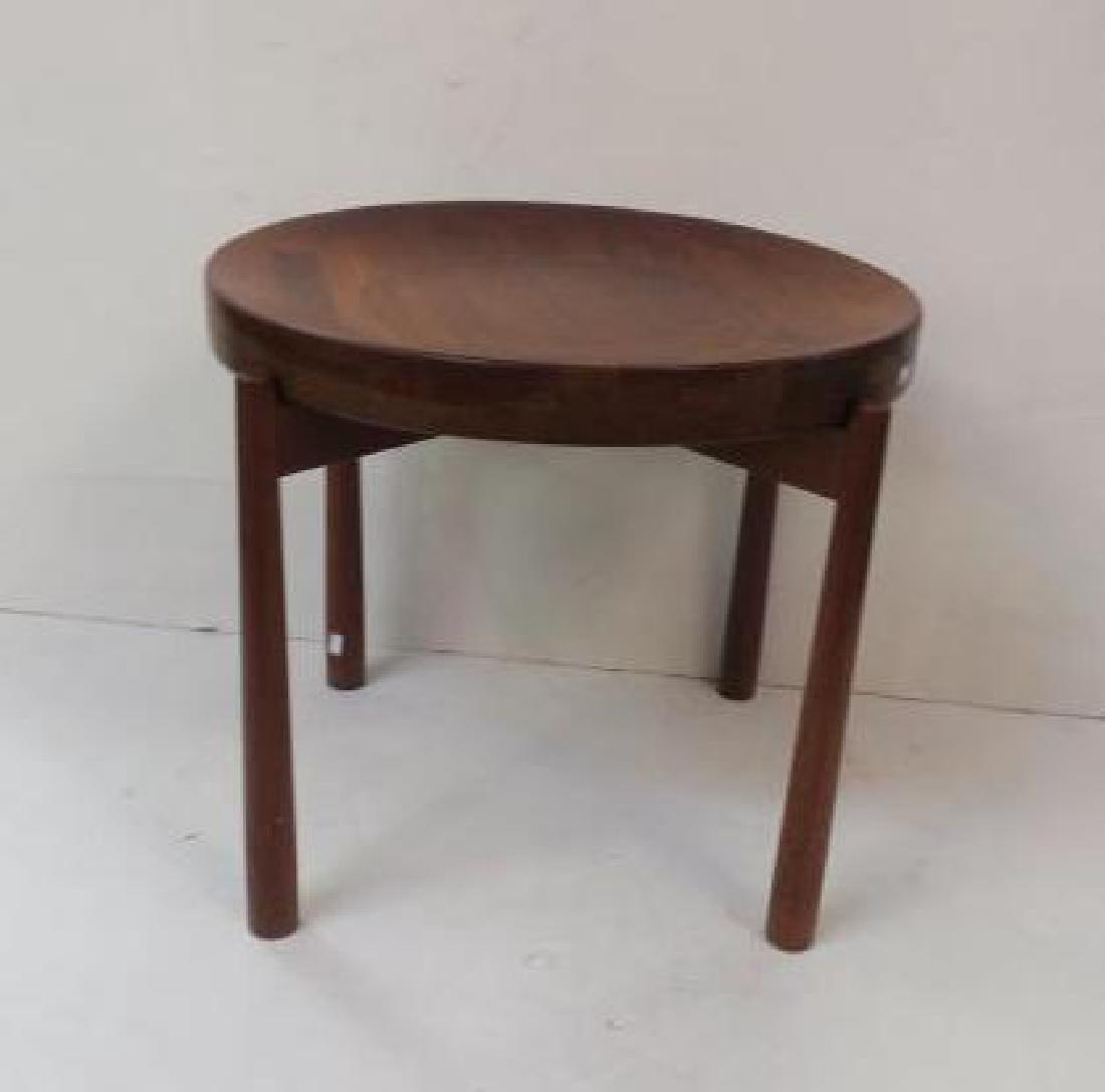 Round Danish Modern Teak Side Table:: Round Danish Modern Teak Side Table: Drop in Fitted Tray Parquetry Top with Scooped Out Center. 4 Cylindrical Post Legs with X Stretcher Support. 17"T with 19"D Top. Reversible to Flat Top Table. (180