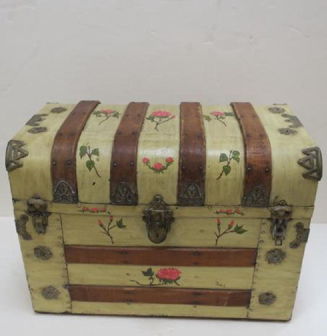Hand painted Dome Top Steamer Trunk:: Hand painted Dome Top Steamer Trunk: Curved and Flat Oak Staves Secured with Decorative Metal Hardware. Painted and Hand Decorated with Rose Stem. Paper Lined Internal Compartment. Missing One Leather