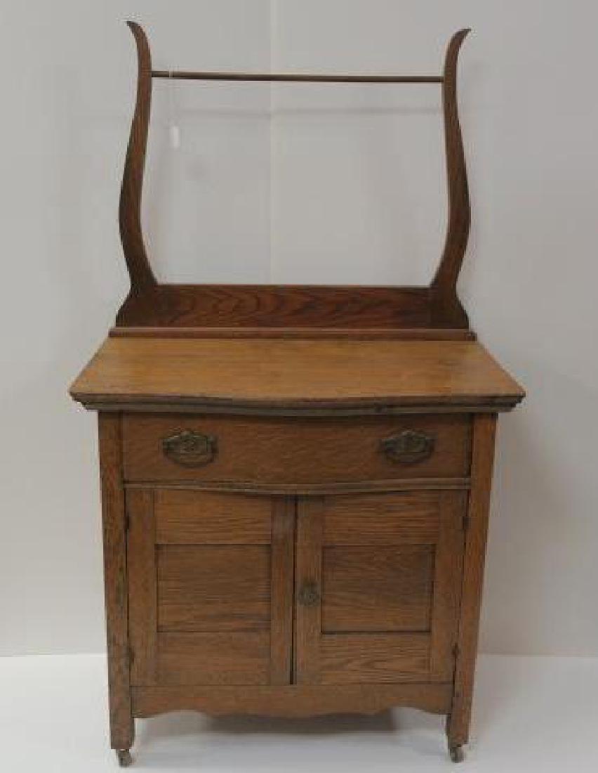 Oak Wash Stand: Oak Wash Stand 21" Tall Scroll Braces for Towel Rack. Serpentine Front with Long Drawer over Double Blind Cabinet. 30" x 30" x 18" (200-400)