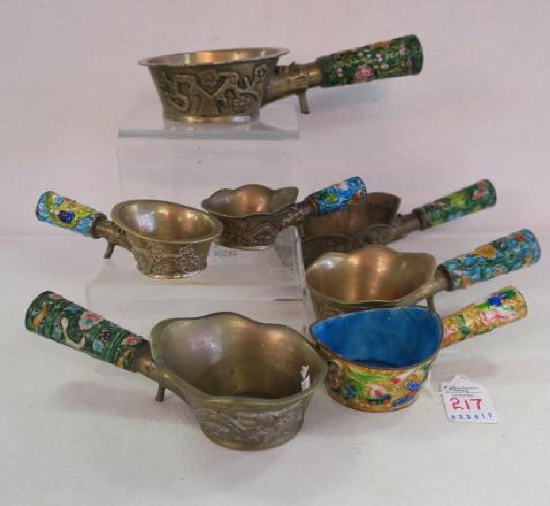 Seven Brass and Enamel Chinese Rice Coal Irons:: Seven Brass and Enamel Chinese Rice Coal Irons: Brass Bowls with Enameled Handles, Decorated on Sides with Figures, Florals and Dragons. One has Enameled Sides and Interior. One Handle is Loose. From 