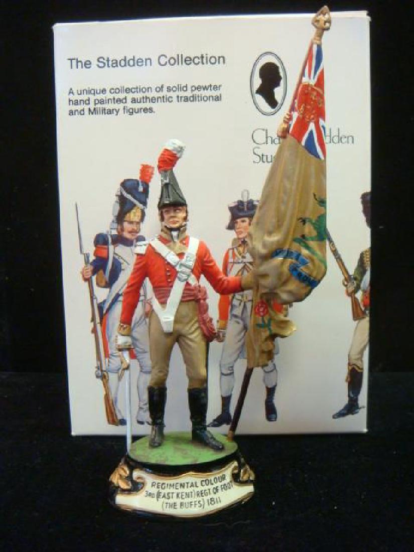 STADDEN Military Figurine 90mm REGIMENTAL COLORBEARER:: STADDEN Military Figurine 90mm REGIMENTAL COLORBEARER: REGIMENTAL COLOR BEARER 3rd (EAST KENT) REGT of FOOT, THE BUFFS 1811, in original packaging Hand Painted Pewter Figurine, Mint in Box Condition. 