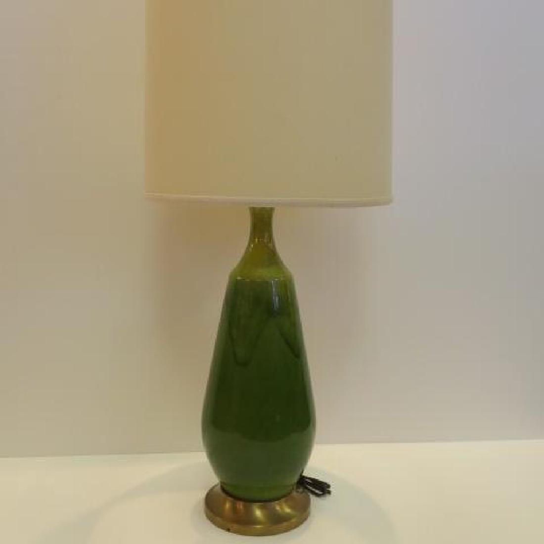Mid Century Modern Avocado Green Ceramic Table Lamp:: Mid Century Modern Avocado Green Ceramic Table Lamp: Hign Gloss Drip Glaze on Urn Shaped Body with Brassed Metal Foot. Three Way Light Switch. White Shade.38" Tall to Finial