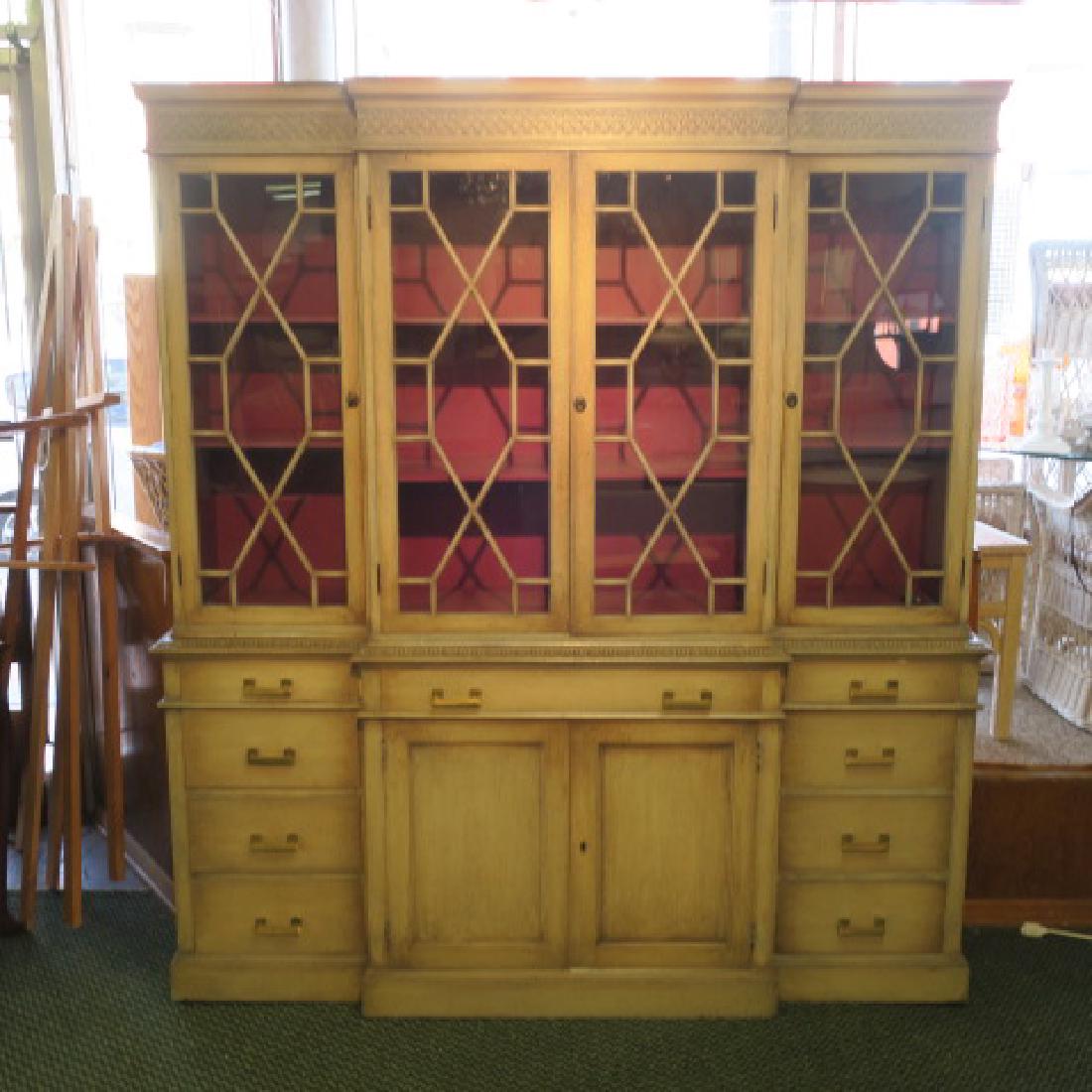 KITTINGER 4 Door Painted 2 Part Breakfront:: KITTINGER 4 Door Painted 2 Part Breakfront: Federal Style with 2 Glazed Doors on Top 3 Sections, Each with Adjustable Shelves and Locks. Lower Section with Four Stacked Drawers at Sides. Center Drawer