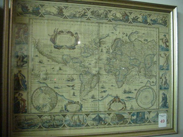 Hoffman-La Rouch Framed World Map: 49. Hoffman-La Rouch Framed World Map: Series M6 Printed in New Jersey. Map of the Known World with Border of Planets, Seasons, the Elements and 7 Wonders of the World. Framed to 15" X 18". Bear in Mi