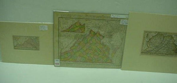 Three Virginia Maps, Unframed: 165. Three Virginia Maps, Unframed: 1855 Handcolored Wood Engraved Map, 1 1/2 x 9". 1866 Miniature Hand Colored Map with West Virginia, 3 x 5 1/4. 11" X 14" Rand McNally Colored County Map of Virginia
