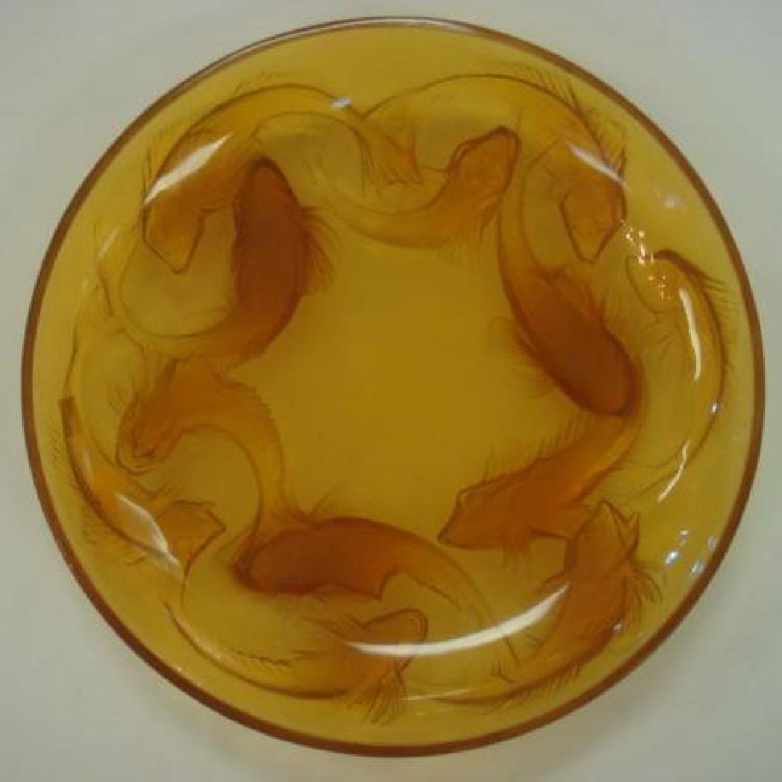 Large R. LALIQUE Amber "Martiques" Shallow Bowl:: Large R. LALIQUE Amber "Martiques" Shallow Bowl: Twelve Heavy Molded Fish with Opalescence on Bottom. Model 377, CA 1920. 14 3/8"D. Molded R. Laique Mark. Some Glue Residue on Bottom where Pads Were a