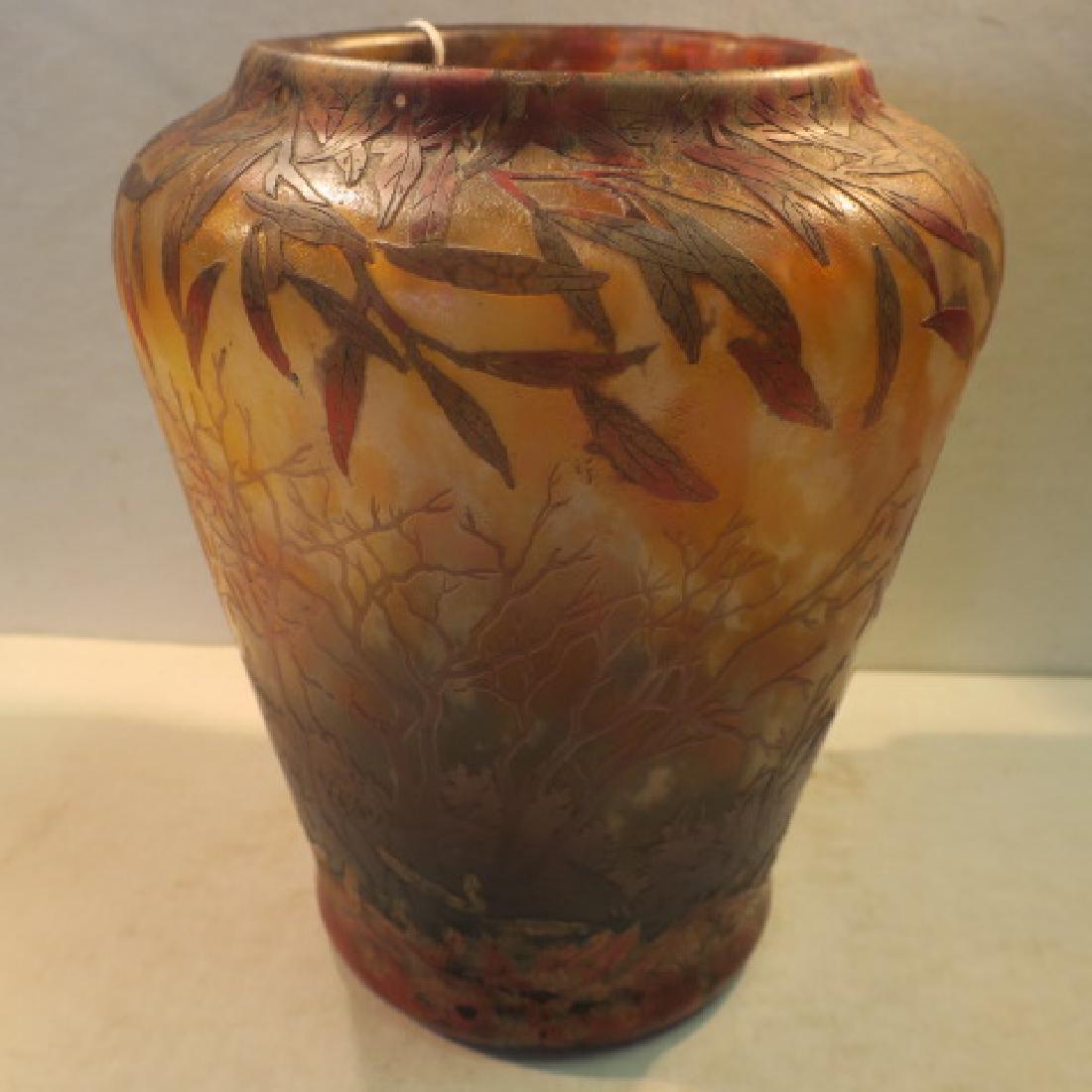 DAUM Nancy French Cameo 9"T. Shouldered Vase:: DAUM Nancy French Cameo 9"T. Shouldered Vase: Scenic Autumn Forest in Shades of Green, Orange, Gold and Brown on Mottled Frosted Ground. Highly Detailed with Etched Leaves and Trees. Signed in Cameo D