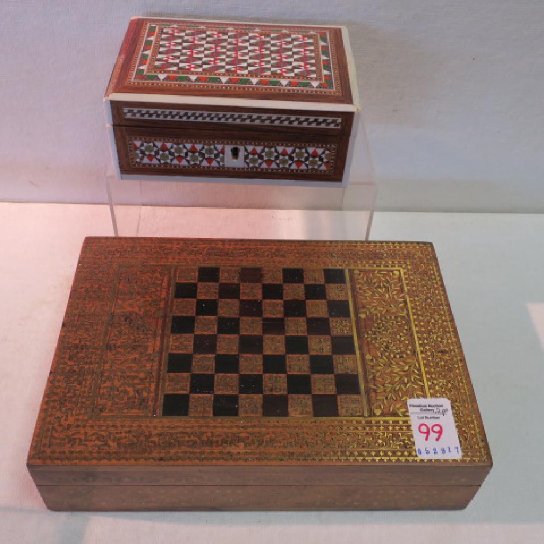 Two Boxes, Mughal Art Inlaid, One Multi-Inlay:: Two Boxes, Mughal Art Inlaid, One Multi-Inlay: Hand Inlaid Mughal Mosaic With Triangular Geometric Pattern and Key Lock. 6" X 4" X 2 1/2". Larger Has Hinged Lid with Inlaid Brass String Hearts, Leaves