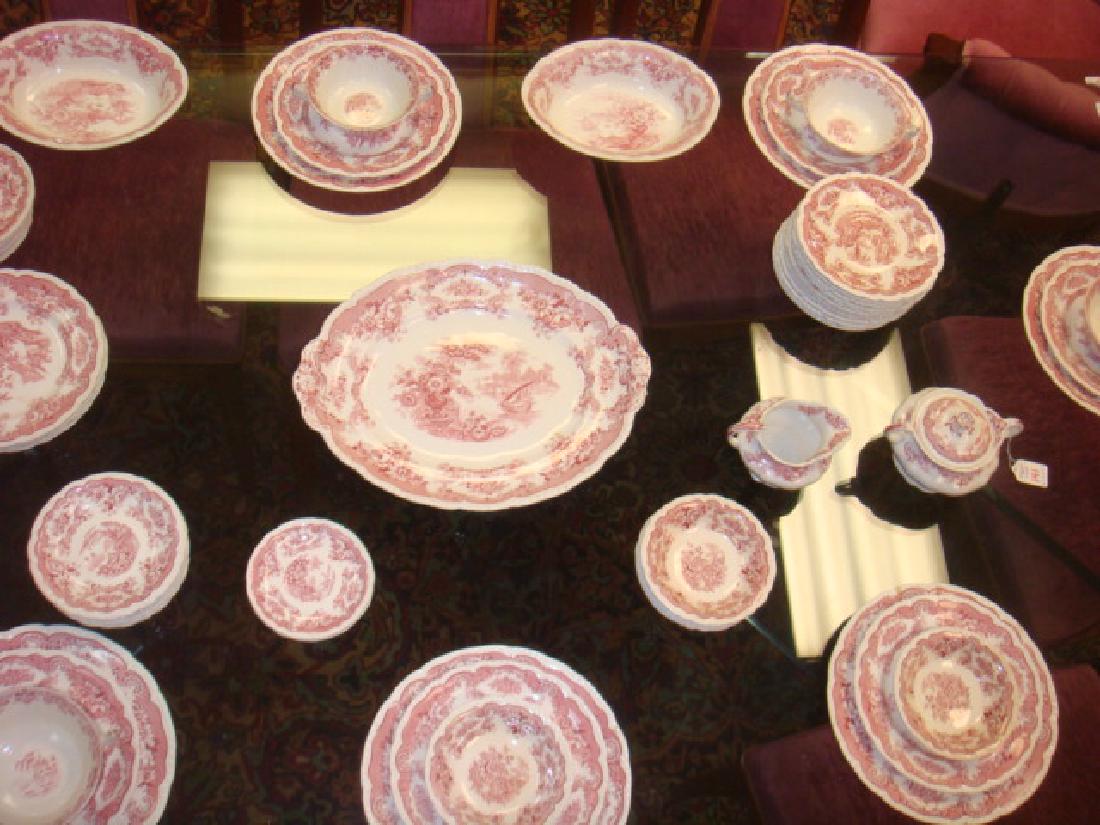 MADDOCK & SONS Bombay Red Transferware Dinnerware:: MADDOCK & SONS Bombay Red Transferware Dinnerware: Asian Scene and Flowers, Scalloped Edge. 59 Pieces. Eight 9 7/8" Dinner, Four 8" Salad and Eight 5 3/4" Bread Plates, 7 Fruit Bowls, 6 Double Handled