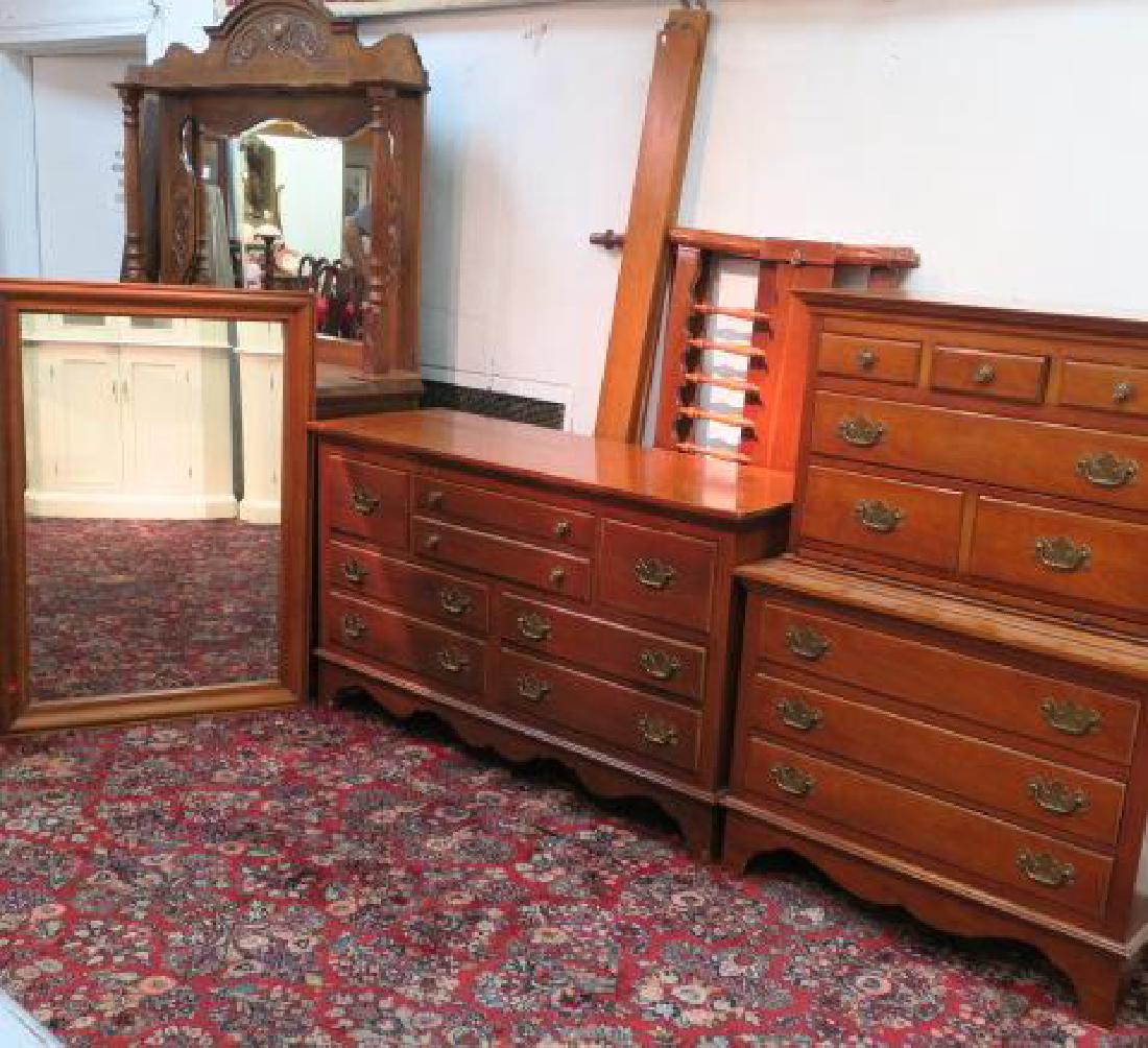Modern Four Pc. Cherry Bedroom Set:: Modern Four Pc. Cherry Bedroom Set: Includes Full Size Bed with Spindles & Rails, Chest on Chest, Low Dresser, and Large Dresser Mirror. Drawers with Batwing and Bail Hardware. (400-800)