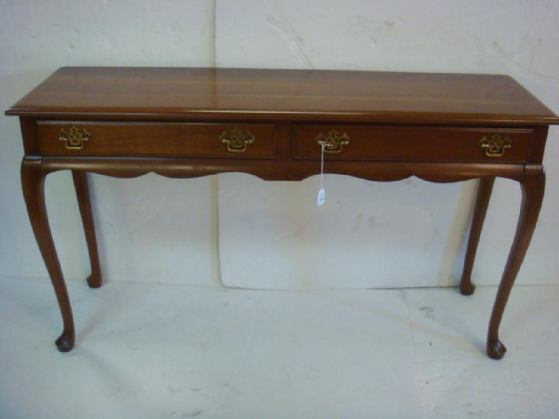Cherry Valley (Stickley) Two Drawer Sofa Table:: Cherry Valley (Stickley) Two Drawer Sofa Table: Beveled Top is 16" X 4' 3". Two Narrow Long Drawers with Brass Bail Handles. Raised on 4 Slightly Bowed Cabriole Legs with Pad Feet. 29"T. Sculpted Apro