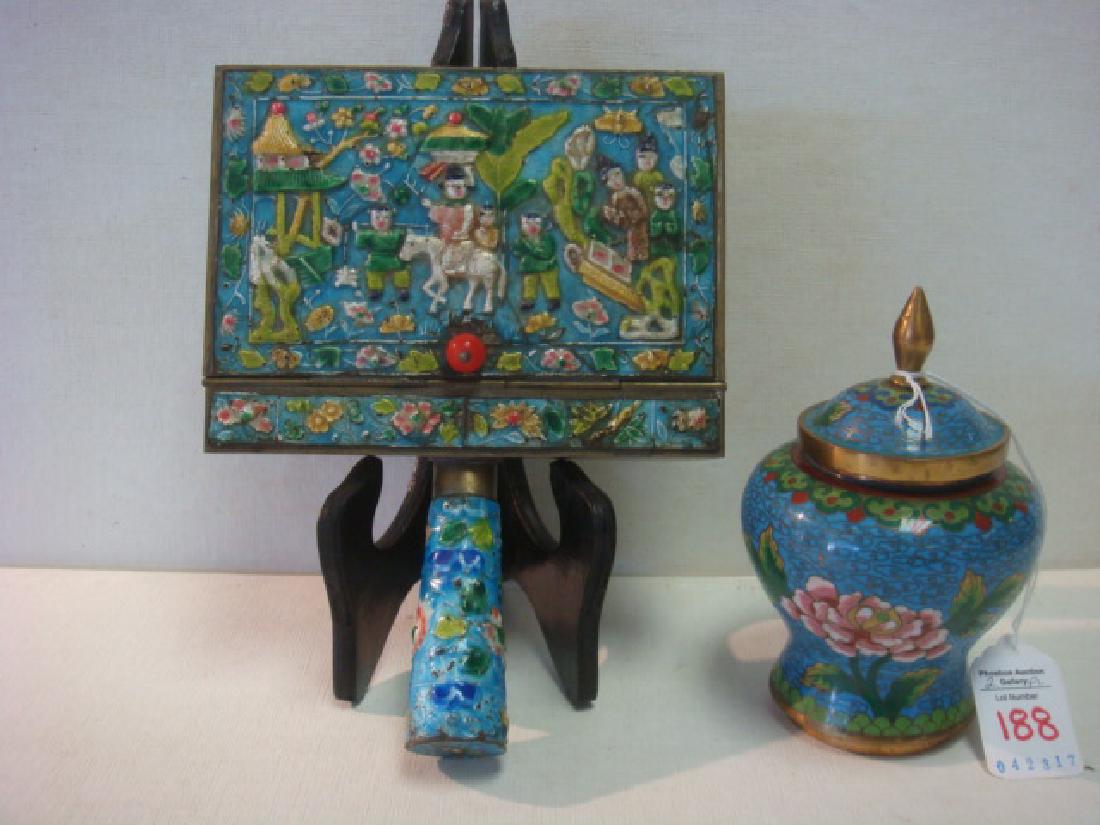 Chinese Enamel Silent Butler and Cloisonn? Jar:: Chinese Enamel Silent Butler and Cloisonn? Jar: Brass Box Shape with Enameled Lid with Red Glass Bead and Handle. 4 1/2" X 6" Box. Lidded Cloisonn? Jar is 5 1/4"T. (80-150)