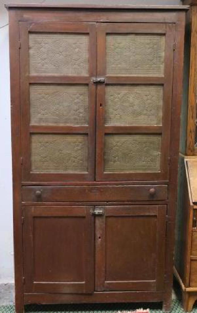 American Pine Pie Safe with 12 Punched Tins:: American Pine Pie Safe with 12 Punched Tins: Six Tins on Front Doors, Three on Each Side, all with Star and Circle Design. Two Interior Shelves in Top Section. Center Long Drawer over Lower Blind Cabi