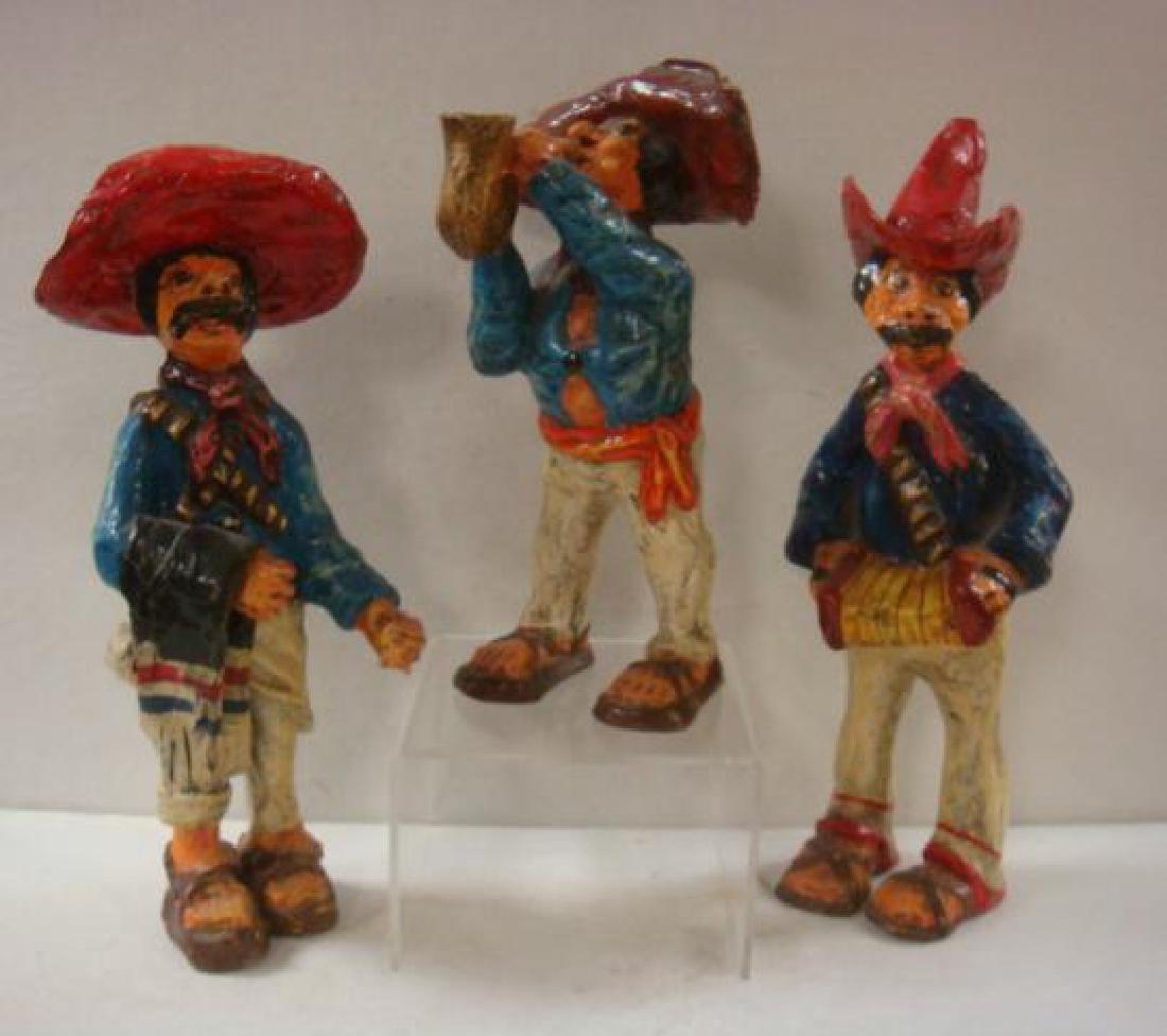 Three Mexican Papier Mache Mariachi Figures:: Three Mexican Papier Mache Mariachi Figures: Rustic Sculptures Playing Saxophone and Accordion with Singer. Handmade by Local Artisans. Colorful Folk Art from South of the Border. Tallest is 15"T. (60