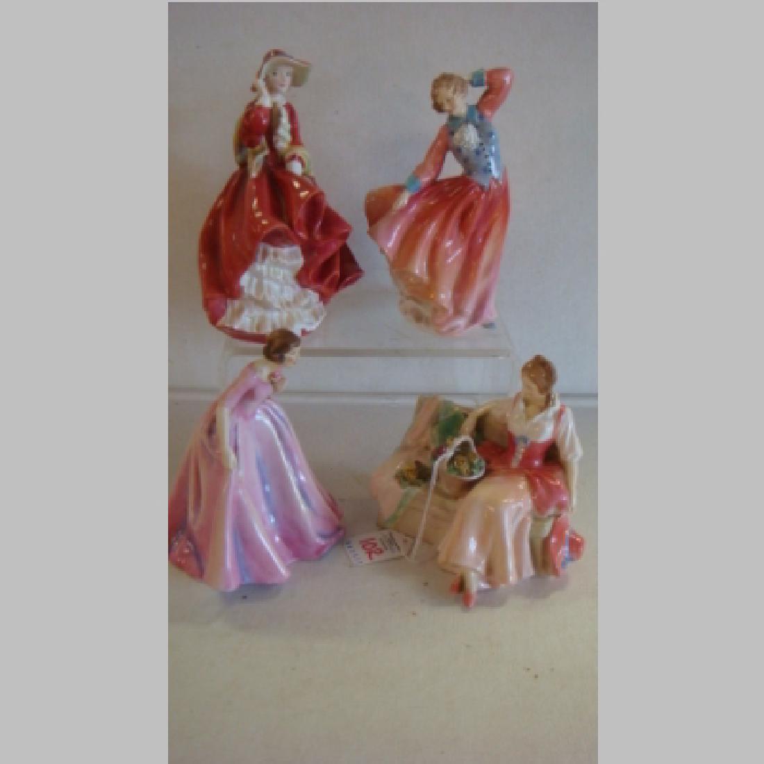 Four Royal Doulton and Worchester Lady Figurines:: Four Royal Doulton and Worchester Lady Figurines: Royal Worcester "The Duchess's Dress" RN806521, 6"T. Royal Doulton "Judith" HN2089 Copra 1951, "Midsummer Noon" HN2033, 5"T, "Top O' the Hill" HN183U,