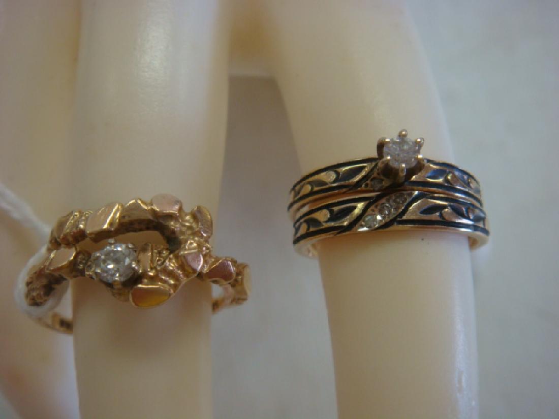 Two 14KT Yellow Gold Wedding Sets:: Two 14KT Yellow Gold Wedding Sets: 6 Prong Set Center Diamond Engagement Ring and Band with 3 Bezel Set Diamonds. Both Have Etched Shoulders and are Size 6 1/2. 2 Interlocking Stack Rings with Nugget