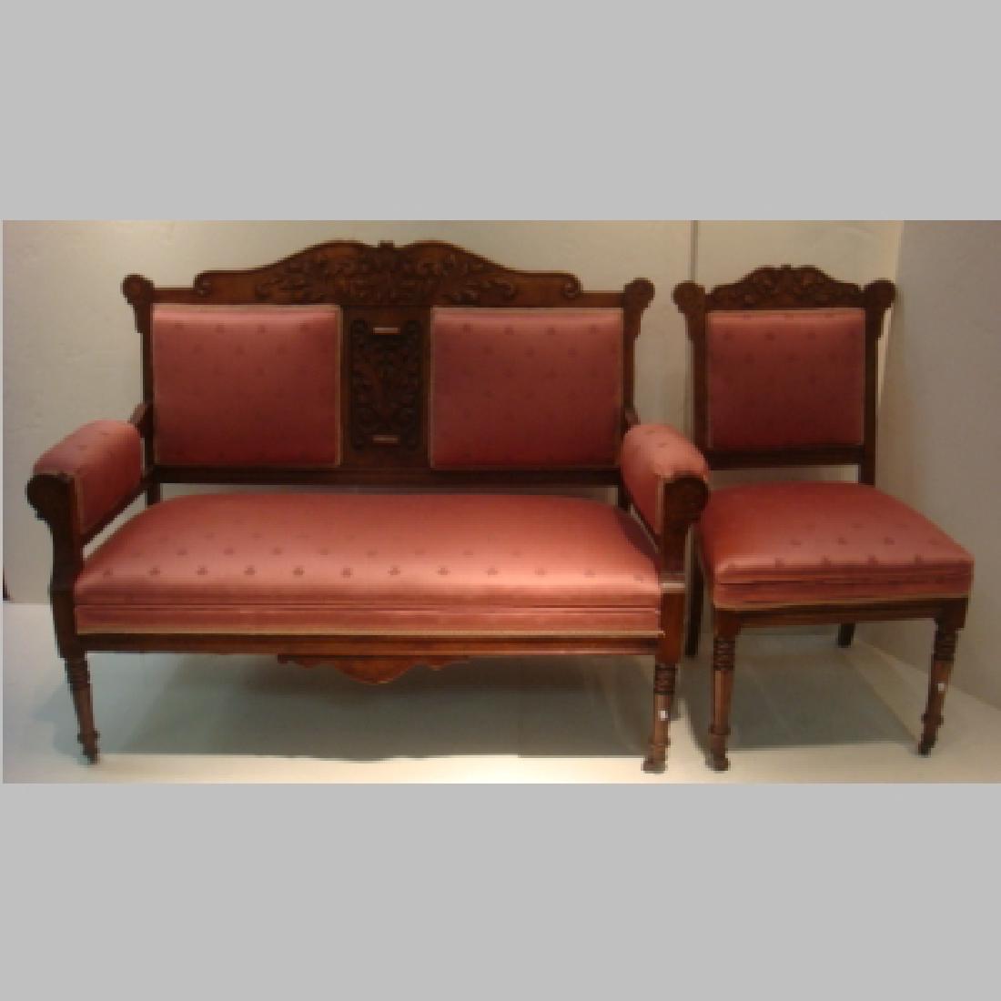 Eastlake Walnut Frame Settee and Side Chair:: Eastlake Walnut Frame Settee and Side Chair: Exposed Grame is Carved Throughout with Line Carved Florals on Crest, Repeated on Arms. Relieve Carved Leaves at Center and on Mid Point of Settee Back. Up