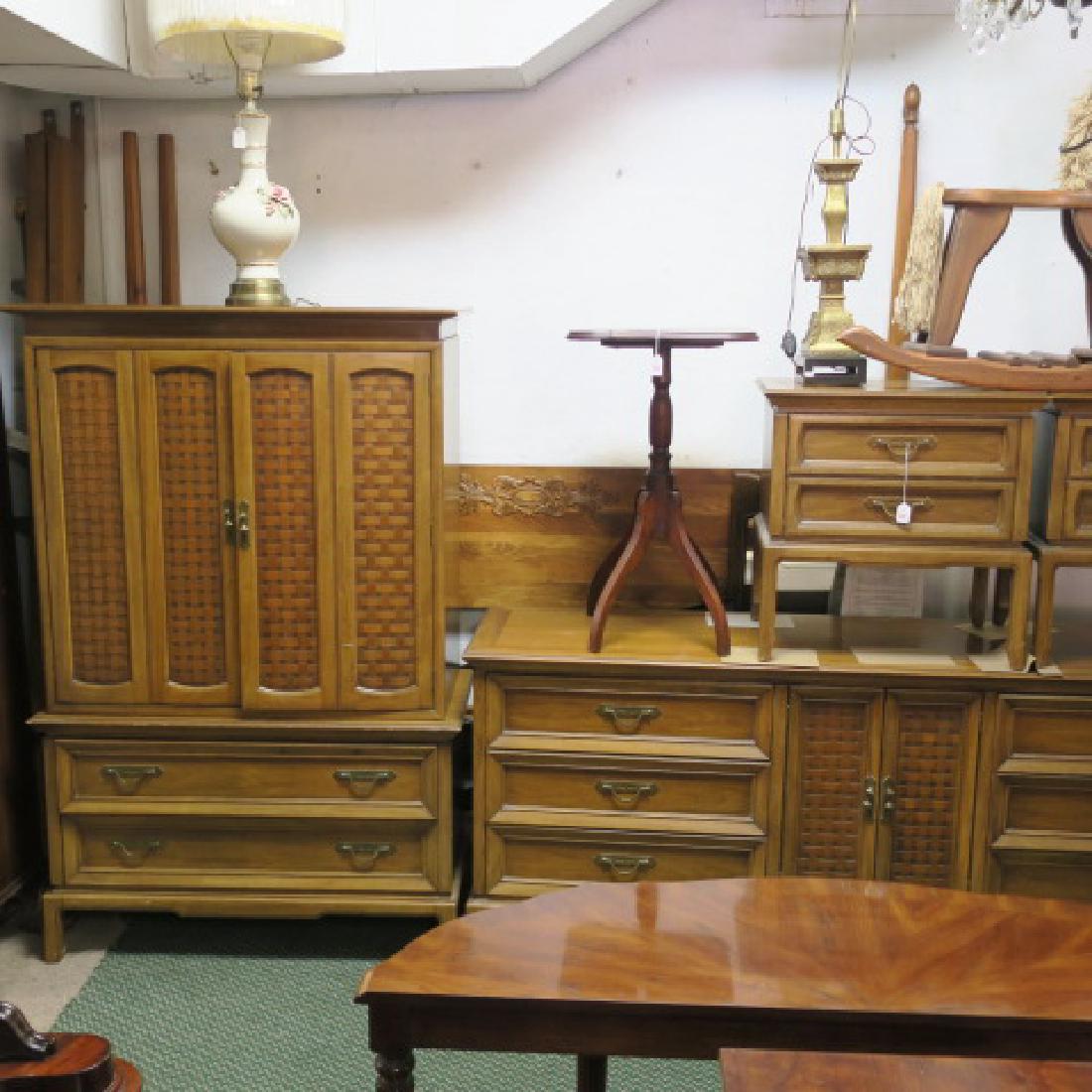 Seven Piece THOMASVILLE Inlaid Pecan Bedroom Set:: Seven Piece THOMASVILLE Inlaid Pecan Bedroom Set: Includes King Headboard with Frame, Pair of 2 Drawer Nights Stands, Gent's Dresser, Low Dresser with 6 Drawers and Center Cabinet and 2 Framed Vertica