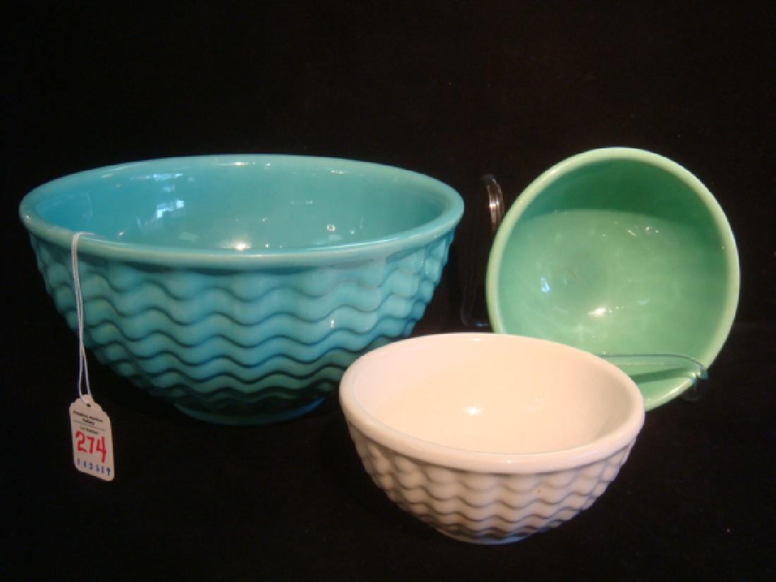 Three GLADDING McBEAN 1930's Mixing Bowls:: Three GLADDING McBEAN 1930's Mixing Bowls: Cocinera Pattern, CA 1934-38. Includes #10 Turquoise, #6 Apple Green and #5 White. All in Very Good Condition with Only Light Scratches. Originally Part of T
