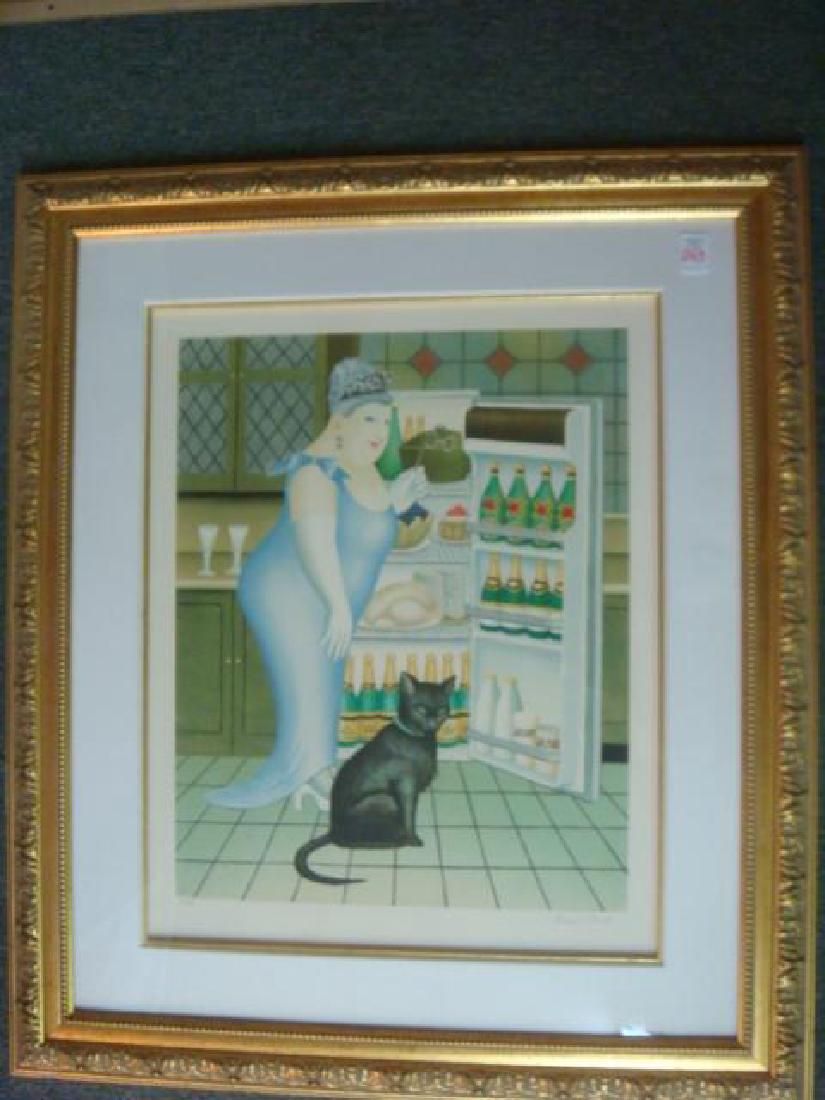 (BERYL COOK) "Percy at Fridge" signed Lithograph.: (BERYL COOK) "Percy at Fridge" signed Lithograph. Fancy Dressed Lady Looking for Food for Her Cat Among The Champagne, Signed Lower Right. 24"X 19" Image Framed in Gilt Frame. 35" X 30 1/2". (100-200)